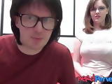Nerdy chick with huge natural tits Jessica Lo sucks dick POV